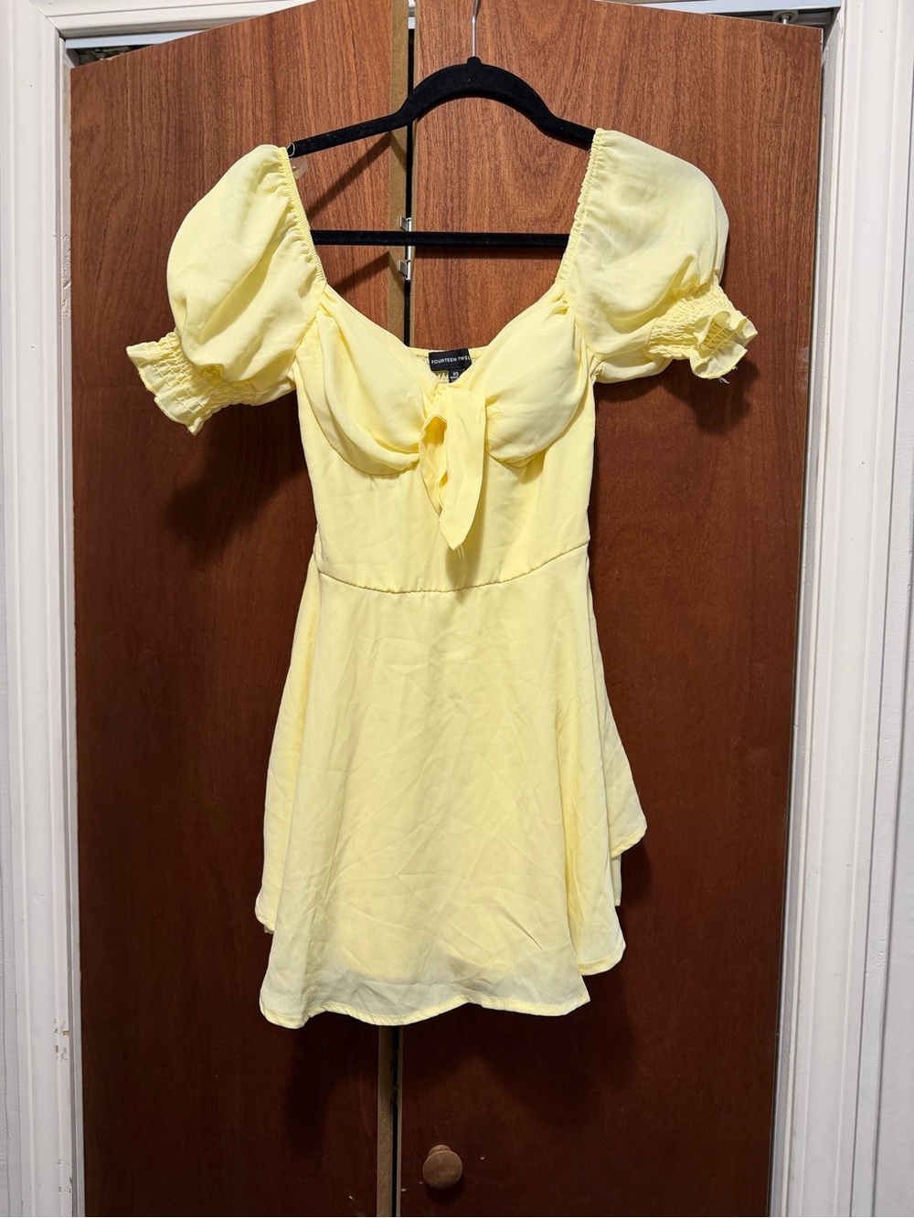 Light Yellow Puff-Sleeve Tie-Front Mini Dress